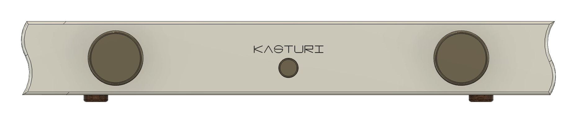 Front elevation render of the Kasturi amplifier: finned heatsinks
             either side of a stainless face, two controls, a walnut top panel.