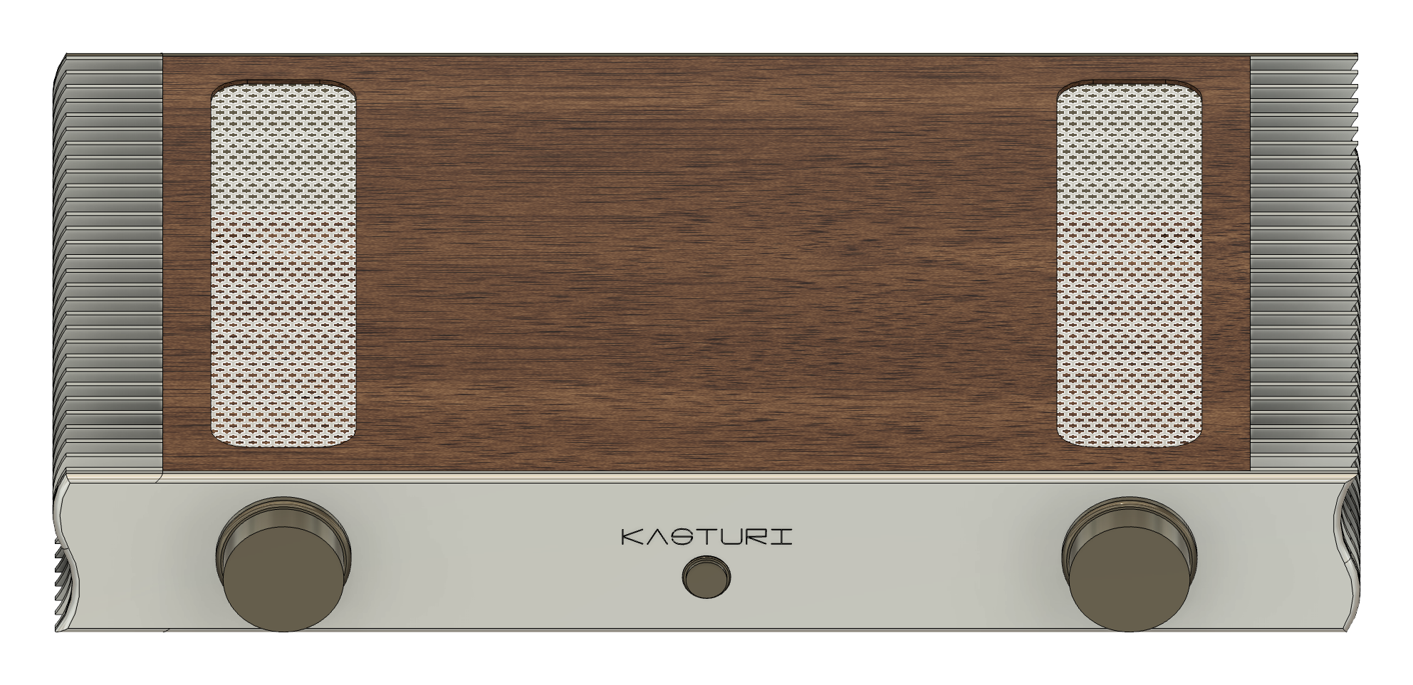 Plan view of the walnut top panel inlaid over perforated steel,
                 with the v.1 grille motif cut either side.