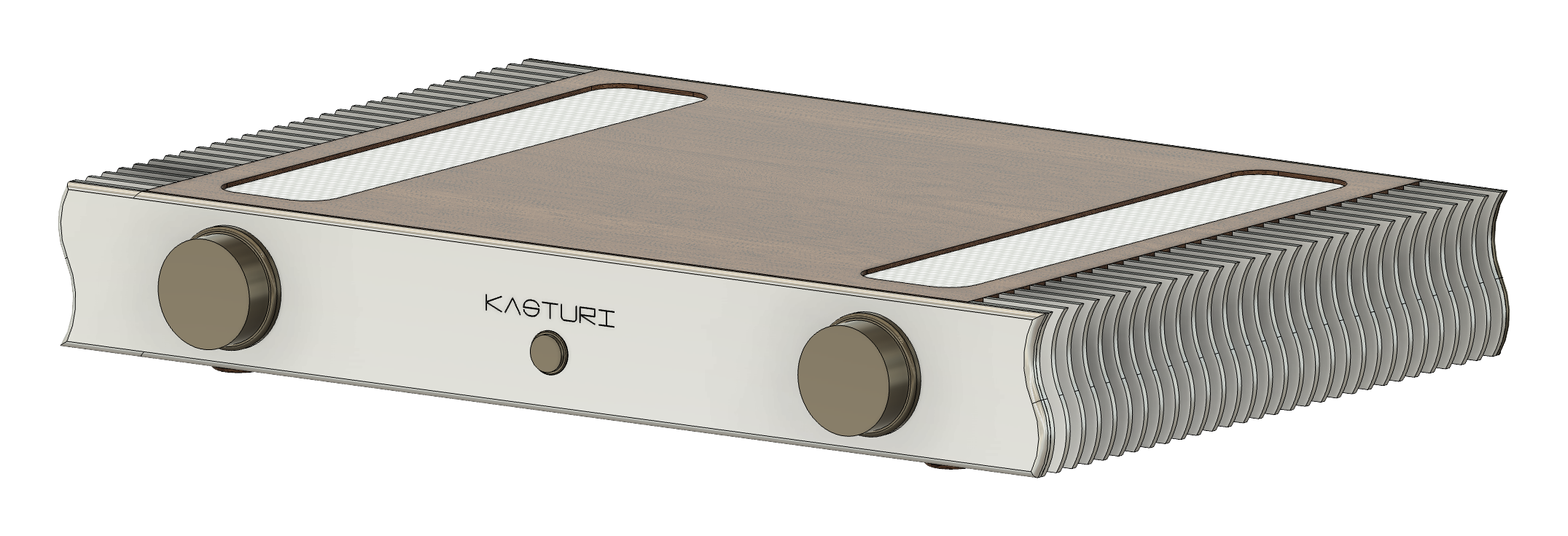 Three-quarter render of the Kasturi amplifier, showing the walnut top
           panel inlaid over perforated steel and the finned heatsink flanks.